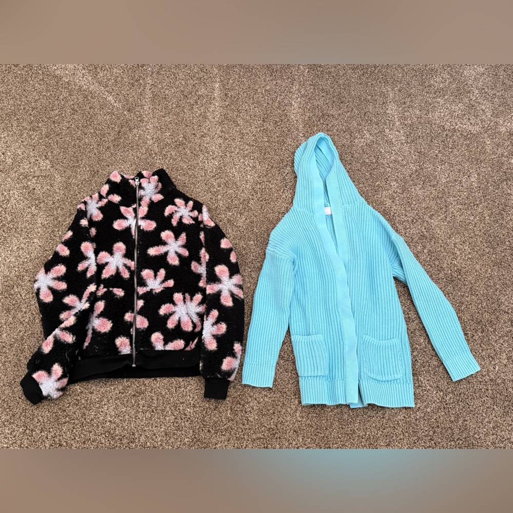 Falls Creek Black and Pink Floral Hoodie with Blue Cardigan